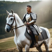 رونالدو با زره سوار بر اسب سفید