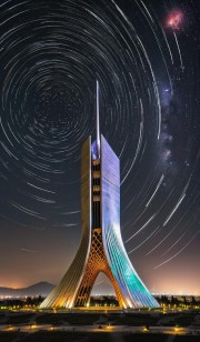 برج آزادی تهران در شب با بارش شهابی و کهکشان 
