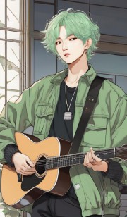 مین یونگی با موهای سبز روشن و کمی موج دار گیتاری به دست دارد